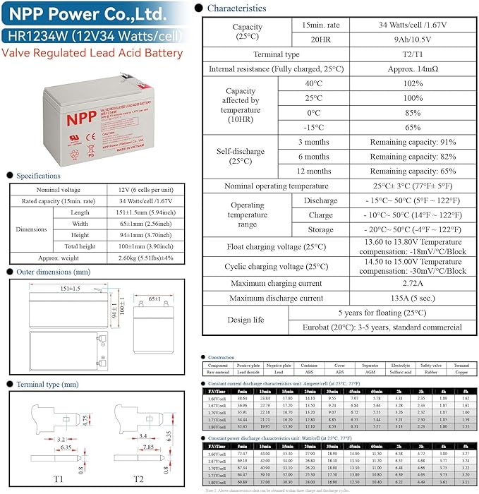 NPP High Rate FR HR1234W (F2, 4Pcs) 204Watts High Rate Battery Replace 12V 9Ah 12V 34Watts/Cell AGM Sealed Lead Acid Rechargeable for Back-UPS Flame Retardant UPS
