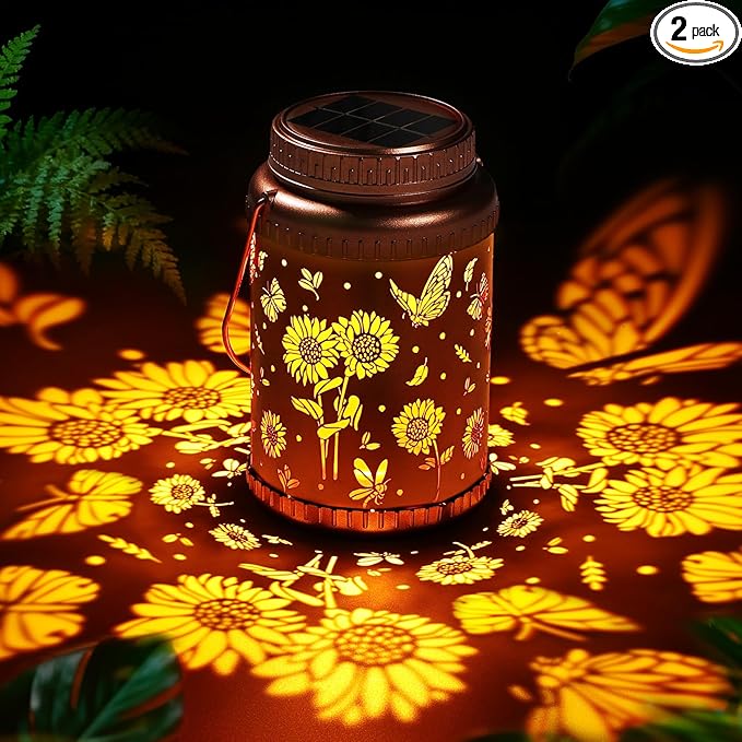 Cooo 2 Pack Solar Lanterns Outdoor Waterproof Sunflower Butterfly Solar Pathway Lights Landscape Path Christmas Gifts for Women Mom Grandma for Outdoor Table Lamps Garden Yard Backyard Decor-Rose Gold