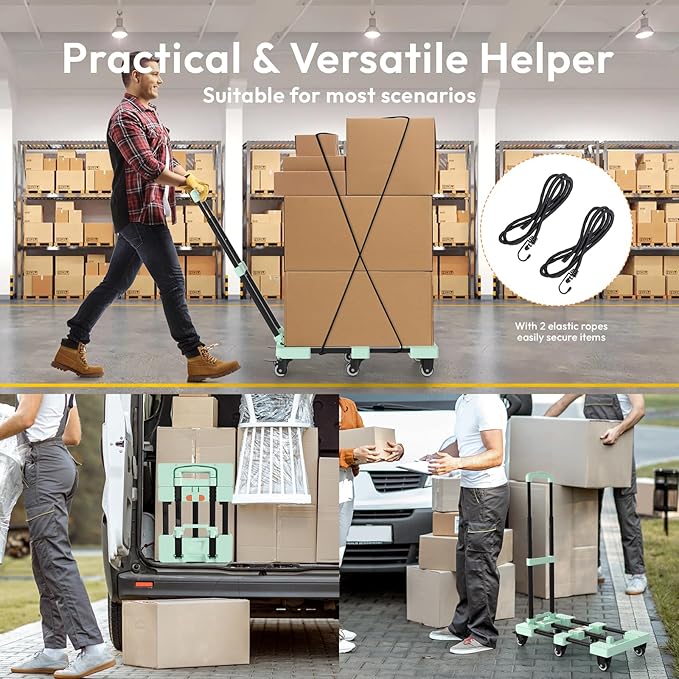 Folding Hand Truck 500lbs, Portable Heavy Duty Dolly Cart, 6 Wheels Collapsible Luggage Cart with 2 Elastic Ropes - Compact Trolley Cart for Easy Moving - Ideal Hand Cart for Travel and More