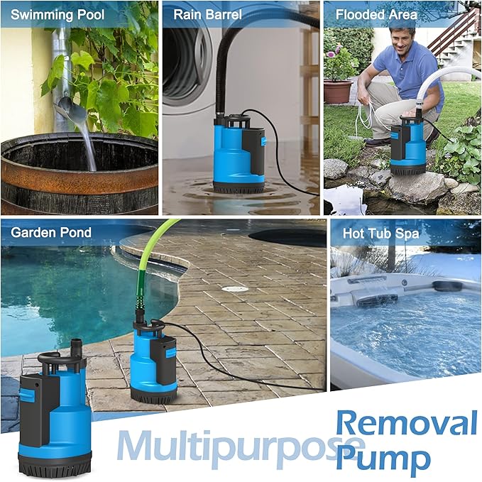 FLUENTPOWER 3/4HP Submersible Sump Pump 3100GPH Utility Water Pump, Auto/Manual Control by Integrated Float Switch, with 16.4 Ft Cord for Pool Tub Garden Pond Flooded Basement Draining