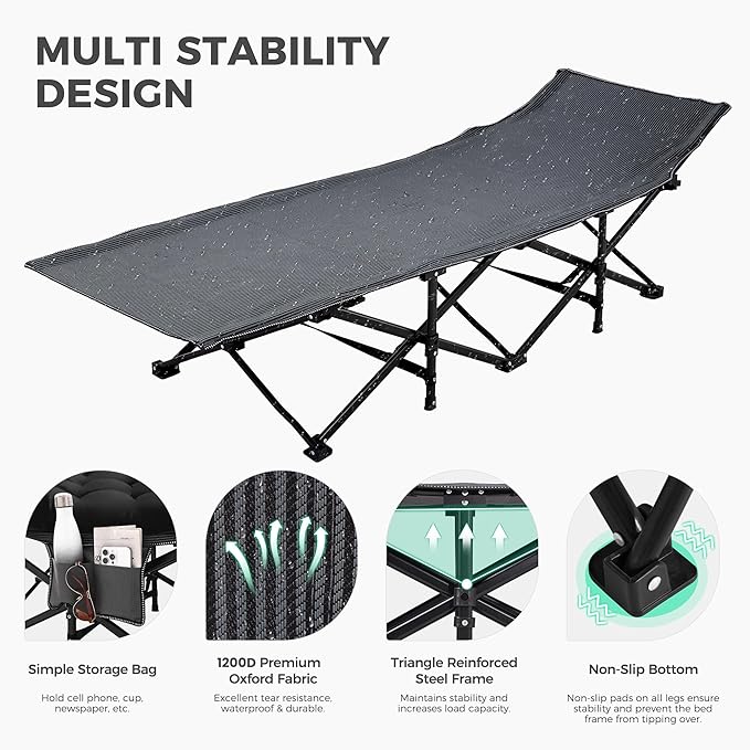 JEAREY Folding Camping Cot for Sleeping, Camping Cots for Adults with Mattress, 1200D Double Layer Oxford Portable Folding Cot Bed with Carry Bag for Guest, Travel, Hiking, Black