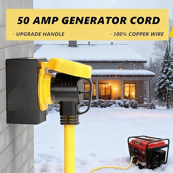 100 Feet 50 Amp RV/Generator Cord, 100% Copper Wire, NEMA 14-50P to SS2-50R Twist Lock, Newly Designed 90°Grip Handle, 6/3+8/1 Gauge STW Wire