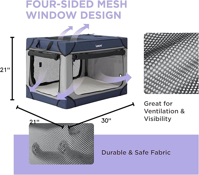 Lesure Shown on TODAY Show Soft Collapsible Dog Crate - 30 Inch Portable Travel Crate for Medium Dogs Indoor & Outdoor, 4-Door Foldable Pet Kennel with Mesh Windows, Blue