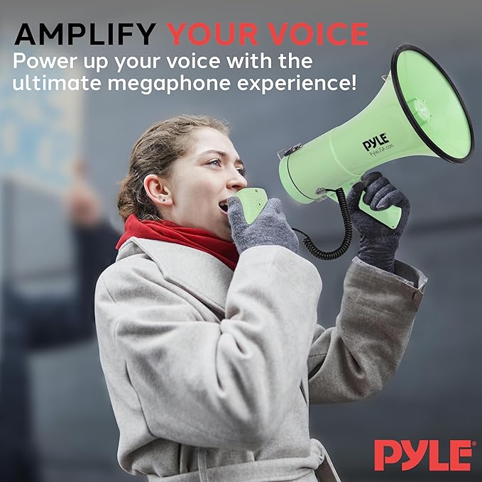 Pyle 50W Megaphone Bullhorn - Portable, Automatic Siren & Adjustable Volume, Projection Range Up to 1200 Square Yards, Aux Input, Talk, Siren, Music, Whistle, & Record, Shoulder Strap (Black)