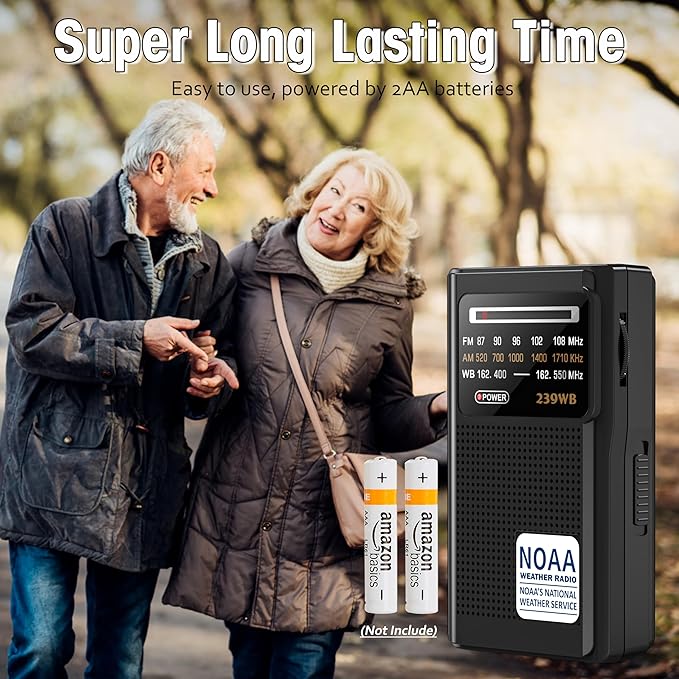 Greadio NOAA Weather Radio, Stereo Earphone Jack,AM/FM Battery Operated Transistor Portable Radio with Best Reception,Powered by 2 AA Battery for Emergency,Hurricane,Running, Walking,Home(Black)