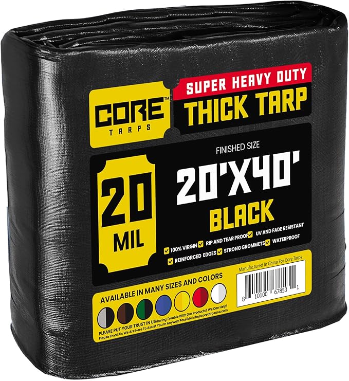 Core Tarps Extreme Heavy Duty 20 Mil Tarp Cover, Waterproof, UV Resistant, Rip and Tear Proof, Poly Tarpaulin with Reinforced Edges for Roof, Camping, Patio, Pool, Boat (Black 20′ X 40′)