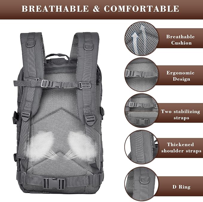 40L Military Tactical Backpack for Men, Tactical Laptop Backpack with Molle Waterproof, Army 3 Days Assault Pack & Bug Out Bag for Hiking (09-Gray)