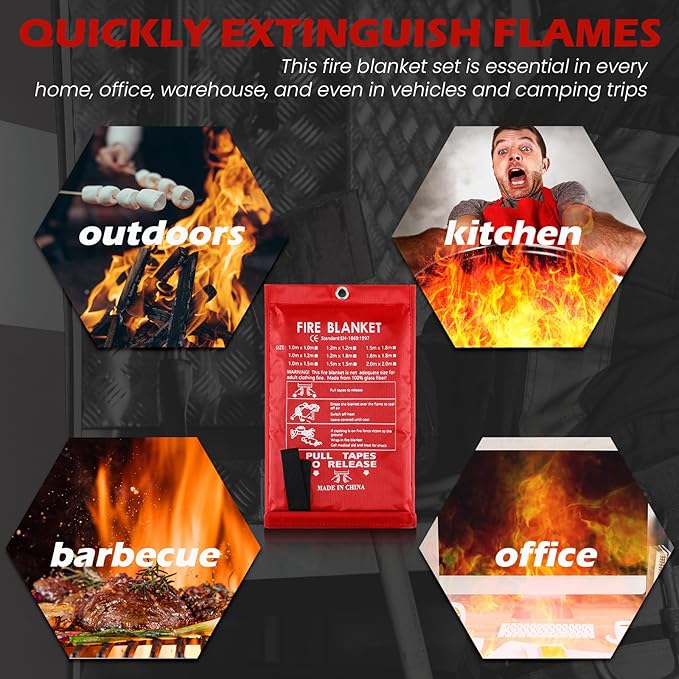 6 Sets Emergency Fire Blanket for Home Fire Suppression Thermal Blankets with Emergency Whistles, Hooks and Gloves for Kitchen, Fireplace, Car, Office, 39.3" x 39.3"