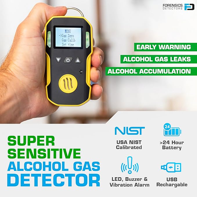 Alcohol Gas Detector by Forensics | Methanol, Ethanol, Isopropanol | USA NIST Calibration & Certificate | USB Recharge | Sound, Light and Vibration Alarms | 0-100ppm |