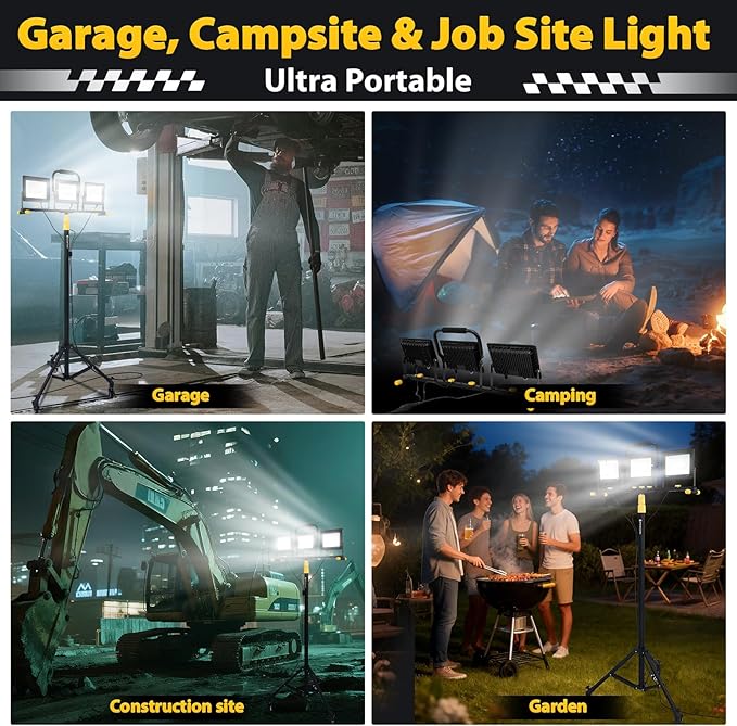 GEERTOP Portable Tripod Led Work Light on Wheels, Adjustable Rolling Black Stand, 21000LM Detachable LED Heads for Garage, Construction Job Site, Indoor/Outdoor Use