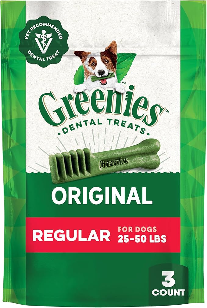 Greenies Veterinarian-Recommended Adult Natural Dental Dog Treats Regular Size, Original Flavor, 3 oz. Pack, 3 Count
