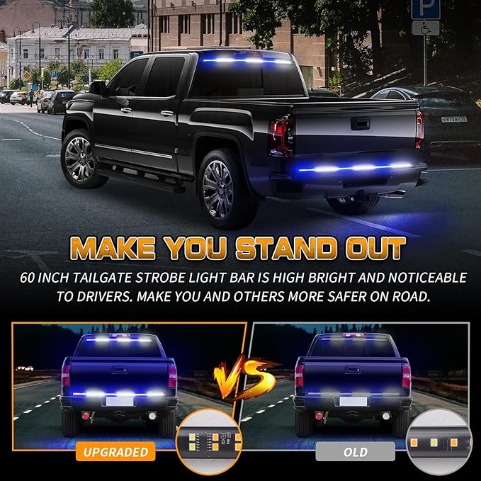 XRIDONSEN 48 inch Blue White Emergency Lights Strip Rear Window/Tailgate Lights 288 LED Tail Strobe Light Strip Flashing Warning Safety Caution for Police Firefighter Vehicles Trucks Pickup POV