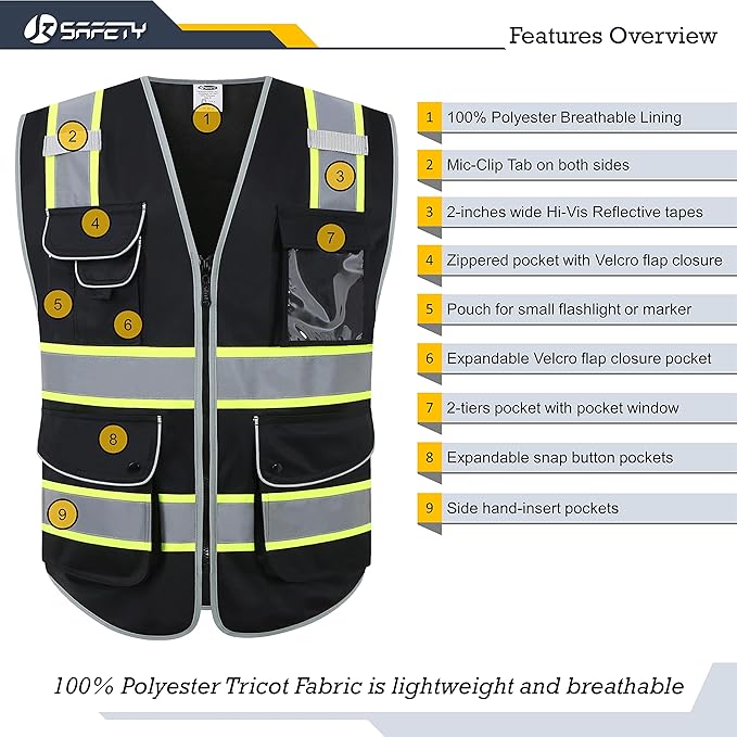 JKSafety 9 Pockets Hi-Vis Black Color Zipper Front Safety Vest Fluorescent Yellow Strips outlining the Reflective Tapes ANSI/ISEA Class 1 (901-Black, 3X-Large)