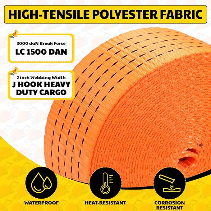 10 Pack 2 x 30 ft Car Tie Down Straps for Trailers 6600lbs Breaking Strength Ratchet Strap Tie Down J Hook Heavy Duty Cargo Ratcheting Strap for Cargo Vans, Trucks, Trailers, Orange