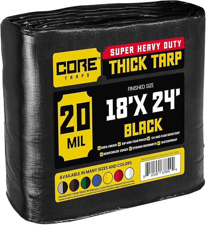 Core Tarps Extreme Heavy Duty 20 Mil Tarp Cover, Waterproof, UV Resistant, Rip and Tear Proof, Poly Tarpaulin with Reinforced Edges for Roof, Camping, Patio, Pool, Boat (Black 18′ X 24′)