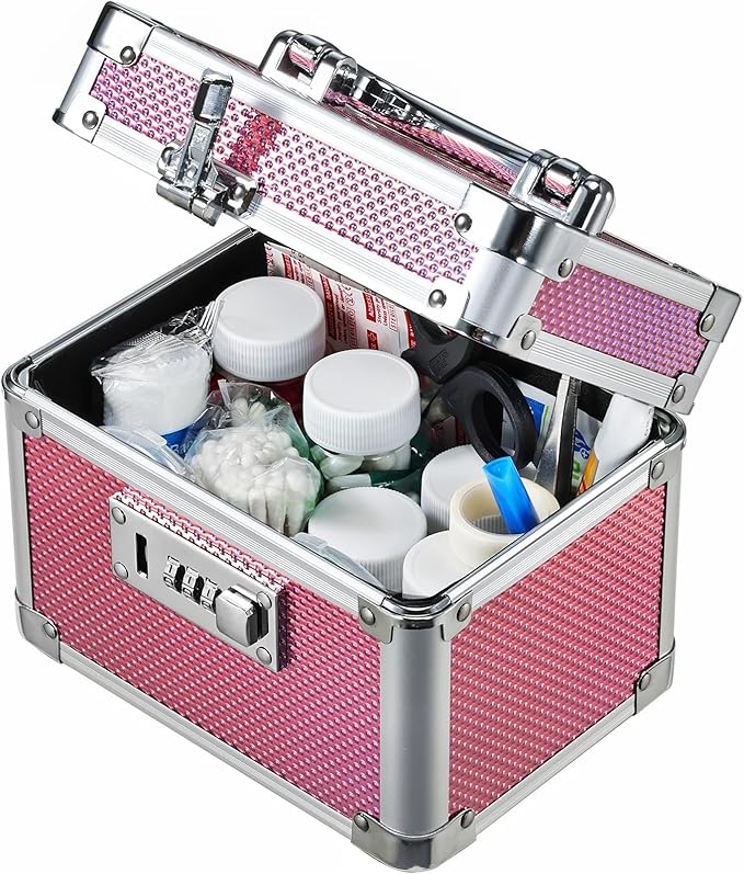 Adazzo Lockable Medicine Storage Box - Shiny Pink Cabinet Med Lock Organizer, 7 * 5.25 * 5.75 Inches Safe Case with Combination Lock for Home, Dorm, Office, or Travel - Mini Size