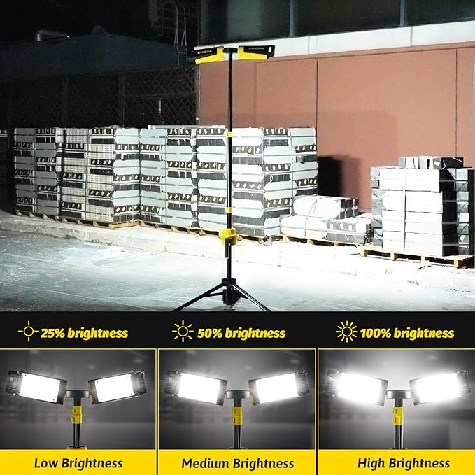 Dual-Head LED Work Light with Stand, 2025 Pro+ 12000LM Corded or Battery Rechargeable Telescopic Tripod Worklights, Portable Construction Flood Light for Job Site Workshop Garage ﻿