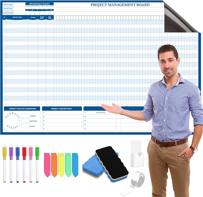 Lincia Large Magnetic Gantt Chart Whiteboard Kit 24" x 36" Reusable Visualize Timelines, Risks & Critical Path Ultimate Management White Board for Project Management Managers