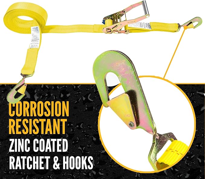 US Cargo Control Auto Ratchet Strap with Snap Hooks 2 Inch x 20 Foot, 6,000 LBS Break Strength, Versatile Ratchet Straps with Twisted Snap Hooks, Tie Down Cars, Motorcycles, & Other Vehicles