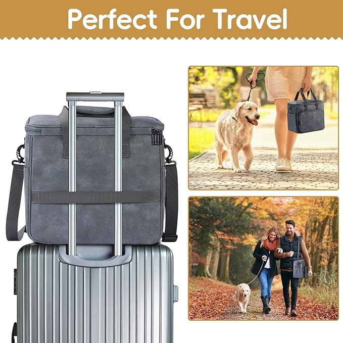 Dog Travel Bag, Leather Travel Pet Bag Set for Dog and Cat, Airline Approved Tote Organizer with Multi-Function Pockets, 2 Food Storage Containers, 2 Collapsible Bowls