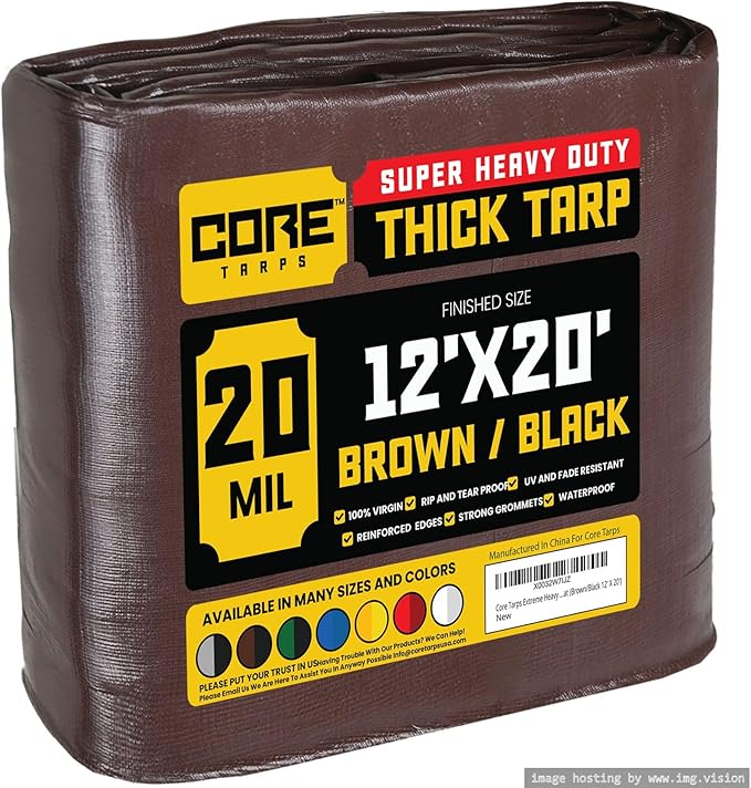 Core Tarps Extreme Heavy Duty 20 Mil Tarp Cover, Waterproof, UV Resistant, Rip and Tear Proof, Poly Tarpaulin with Reinforced Edges for Roof, Camping, Patio, Pool, Boat (Brown/Black 12′ X 20′)