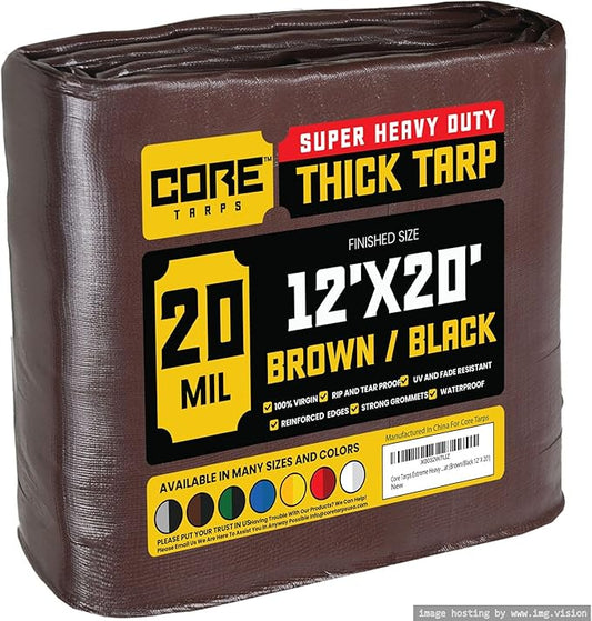 Core Tarps Extreme Heavy Duty 20 Mil Tarp Cover, Waterproof, UV Resistant, Rip and Tear Proof, Poly Tarpaulin with Reinforced Edges for Roof, Camping, Patio, Pool, Boat (Brown/Black 12′ X 20′)