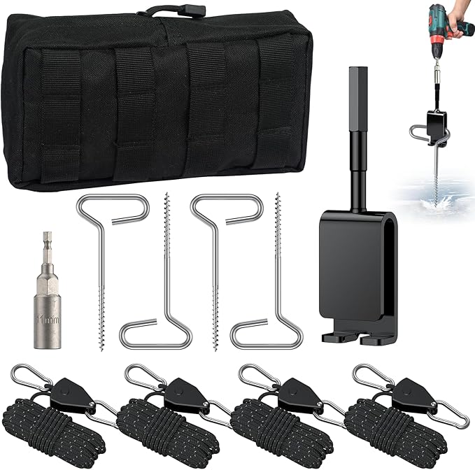 Pawfly 10 Pcs Ice Anchor Tool Kit with Ice Screw Anchors, Tent Guylines, Ice Anchor Drill Adapter & Ice Anchor Drill Attachment, Outdoor Tent Fixing Kit for Winter Camping & Ice Fishing Shelter