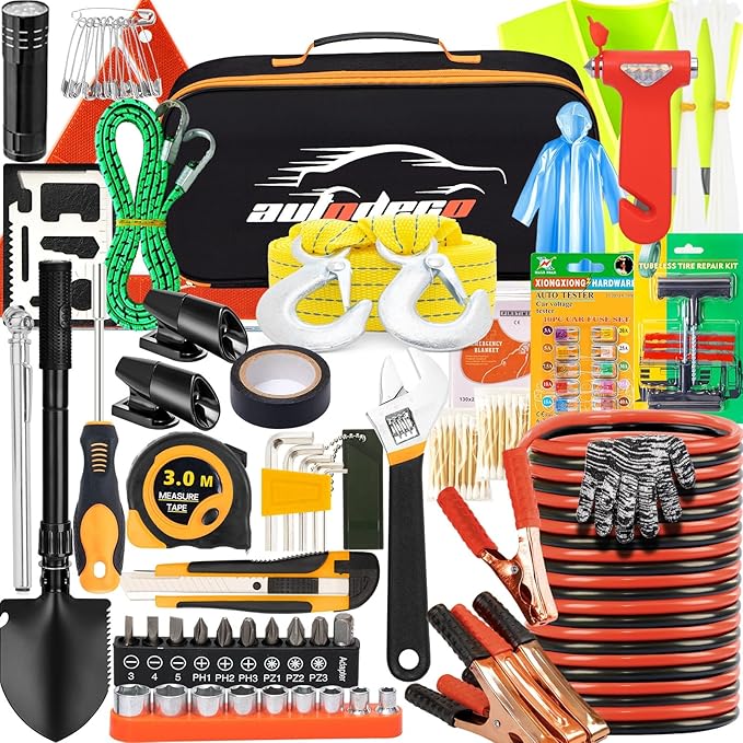 AUTODECO 82Pcs Car Roadside Emergency Kit with Jumper Cable - Automotive Safety Kit with Shovel