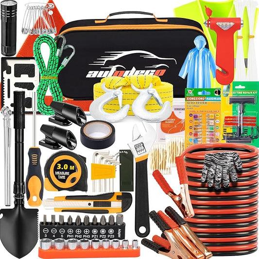 AUTODECO 82Pcs Car Roadside Emergency Kit with Jumper Cable - Automotive Safety Kit with Shovel