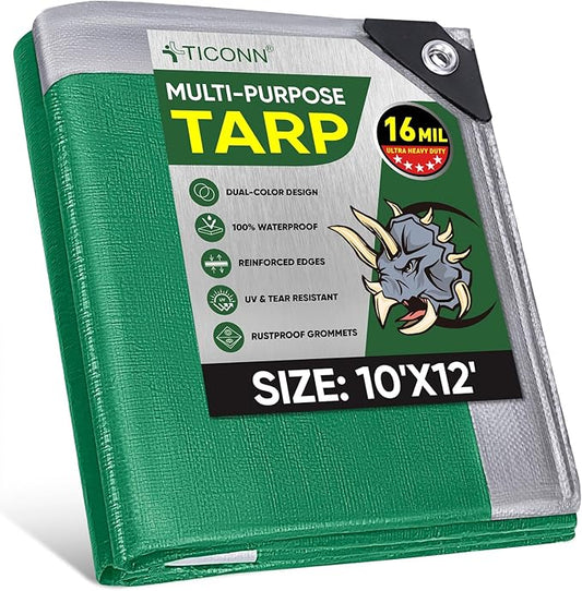 TICONN Heavy Duty Tarp Cover, Extra Thick Tarps Waterproof Tear and Rip Proof UV Resistant Tarpaulin with Reinforced Grommets and Edges (16 Mil, 10'x12')
