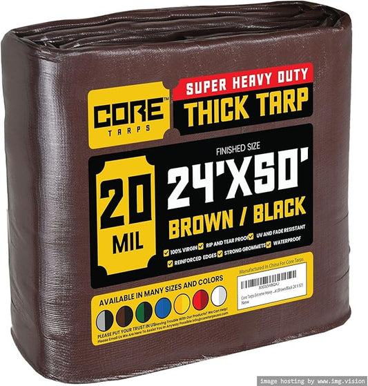 Core Tarps Extreme Heavy Duty 20 Mil Tarp Cover, Waterproof, UV Resistant, Rip and Tear Proof, Poly Tarpaulin with Reinforced Edges for Roof, Camping, Patio, Pool, Boat (Brown/Black 24′ X 50′)