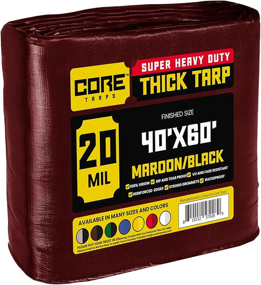Core Tarps Extreme Heavy Duty 20 Mil Tarp Cover, Waterproof, UV Resistant, Rip and Tear Proof, Poly Tarpaulin with Reinforced Edges for Roof, Camping, Patio, Pool, Boat (Maroon/Black 40′ X 60′)