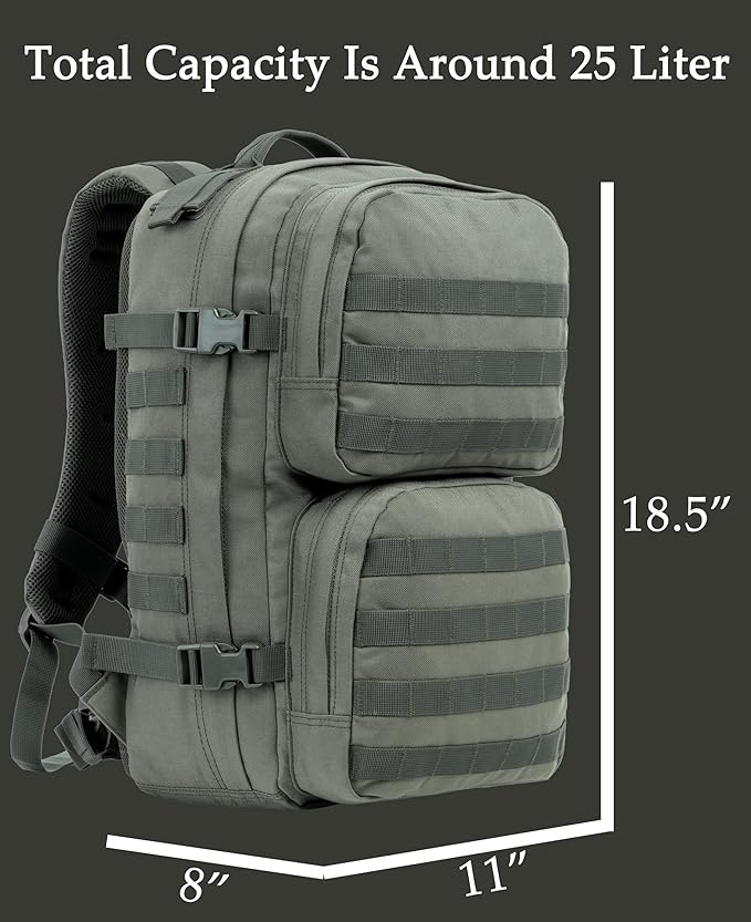 Tactical Backpack Military Survival Pack EDC Daypack Bag MOLLE for Camping Hiking Hunting Bugout Travel 25L
