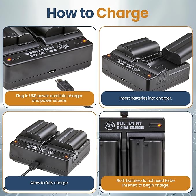 BM Premium 2 Pack of EN-EL15B Batteries and Dual Battery Charger for Nikon Z6, Z7, D780, D850, D7500, 1 V1, D500, D600, D610, D750, D800, D800E, D810, D810A, D7000, D7100, D7200 Digital Cameras