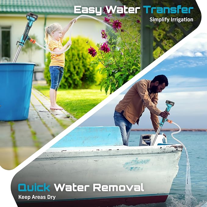 SEESII Cordless Stick Water Transfer Pump, with 4000mAh 21V Battery & Charger, 720GPH, 32FT Head, Handheld Portable Utility Sump Pump Kit with 3/4" Outlet for Pool/Garden/Pond/RV/Boat Draining