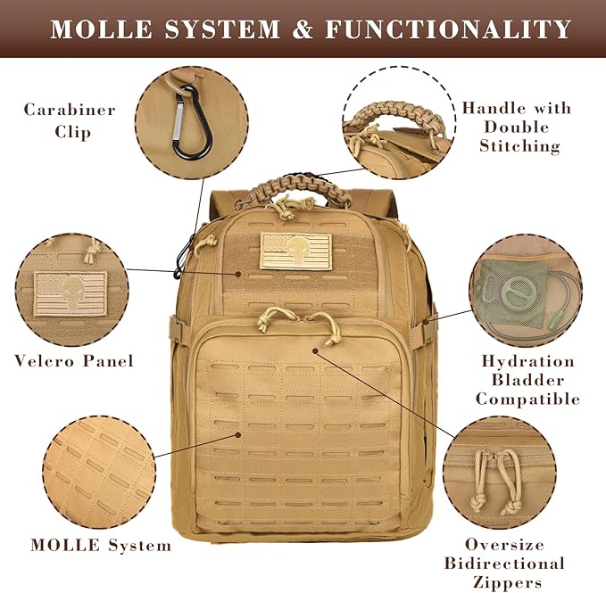 Military Tactical Backpack, 40L Tactical Backpack for Men, Army 3 Days Assault Pack, Military Molle Backpack Waterproof, EDC Hiking Bug Out Bag with Water Bladder Compartment, Hiking Rucksack