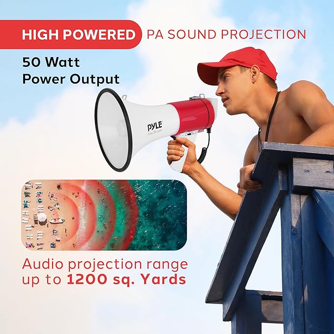 Pyle 50W Megaphone Bullhorn - Portable, Automatic Siren & Adjustable Volume, Projection Range Up to 1200 Square Yards, Aux Input, Talk, Siren, Music, Whistle, & Record, Shoulder Strap (Black)