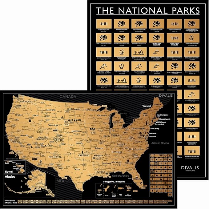 2 in 1 Gift Set - Scratch off US Map and 63 National Parks Poster - 24x16 Easy to Frame Scratchable United States of America Posters - Globetrotters Wall Map - Black and Gold Travel Tracker