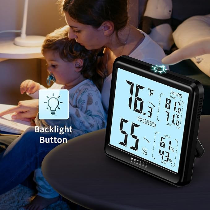 DOQAUS Digital Hygrometer Indoor Thermometer for House, Room Thermometer with 3s Fast Refresh & Max Min Records, Temperature Humidity Monitor Meter with Backlight, Black