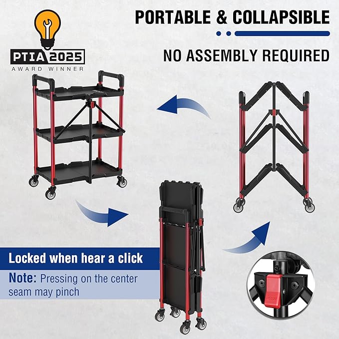 WORKPRO 3-Tier Collapsible Service Cart, 210 LBS Foldable Utility Service Cart with Wheels, Portable Tool Cart for Garage, Warehouse, Home, Restaurant, Office (No Assembly Required)