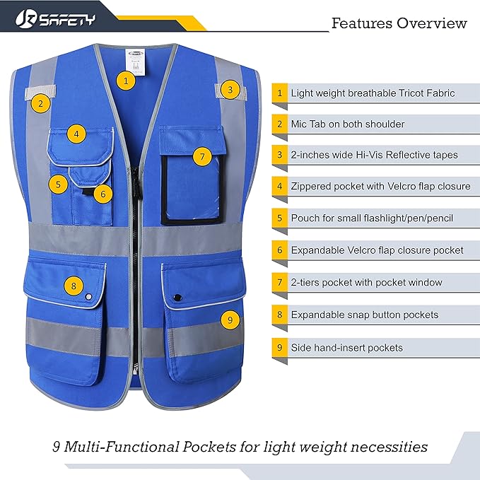 JKSafety 9 Pockets High Visibility Zipper Front Safety Vest With Reflective Strips Meets ANSI/ISEA Standard (150Blue-3XL)