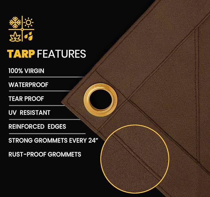 PROTARP Heavy Duty 14 OZ Water Resistant Canvas Tarp, UV Resistant Tarpaulin Cover with Rustproof Brass Grommets, Multipurpose for Canopy, Roof, Camping, Woodpile (Brown 30'X50')