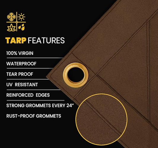 PROTARP Heavy Duty 14 OZ Water Resistant Canvas Tarp, UV Resistant Tarpaulin Cover with Rustproof Brass Grommets, Multipurpose for Canopy, Roof, Camping, Woodpile (Brown 30'X50')