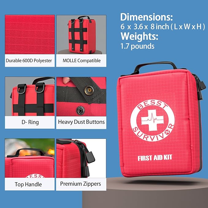 Premium First Aid Kit with Labelled Compartments, Waterproof & Organized Molle Medical Kit for Home, Car, Hiking, Camping, Travel & Roadside Emergencies and Everyday Safety