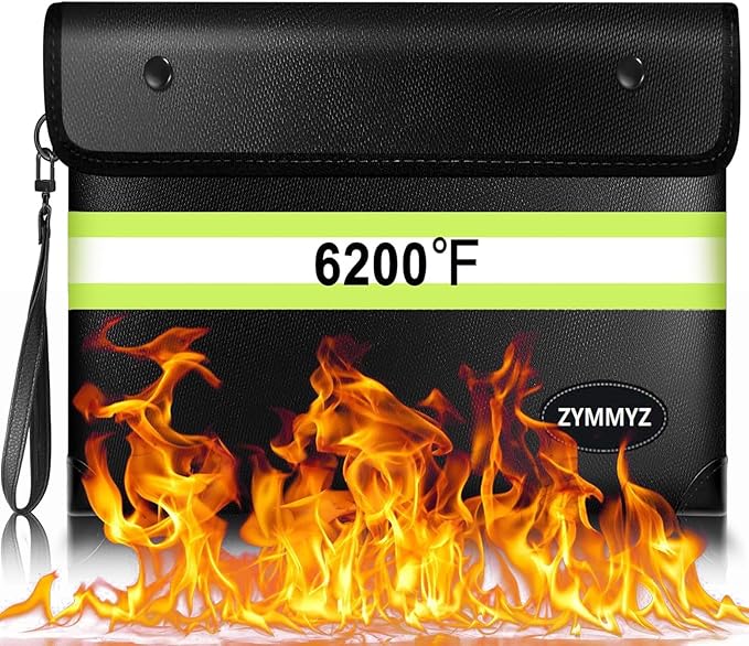 Fireproof Document Bag with Water Resistant Zipper,6200°F Heat Insulated Fire Proof Pouch with Soft Leather Hand Strap,Fire and Waterproof Envelope for Cash,Documents,Jewelry