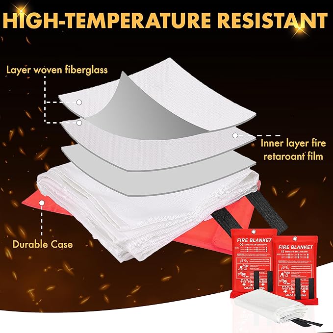 40”x40” Fire Blanket for Home and Kitchen, Emergency Fire Extinguisher Blanket, High Heat Resistant Fire Suppression for Home Safety Kitchen, and Camping (3)