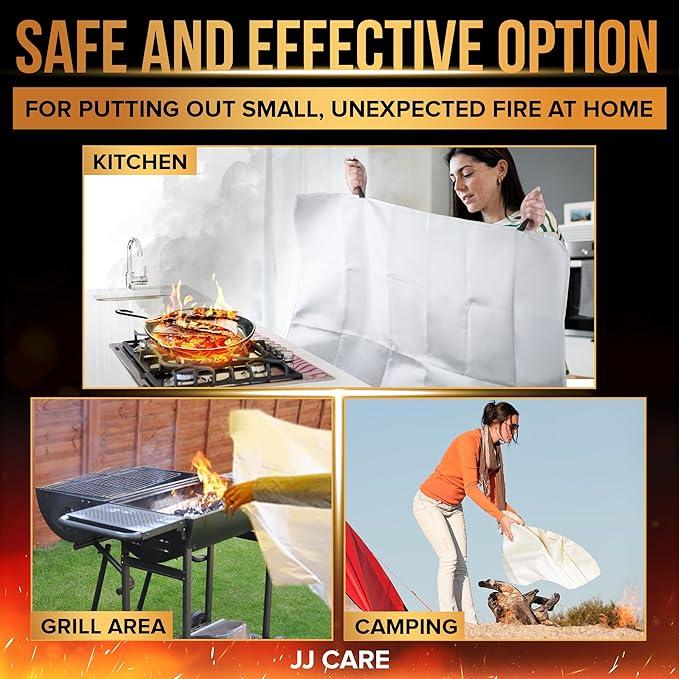 JJ CARE Fire Blanket – (X-Large) 6.5x6.5ft w/Hooks & Gloves, Emergency Fire Blanket for Home & Kitchen, High Heat Resistant Fire Suppression Blankets for Home Safety, Kitchen, Camping