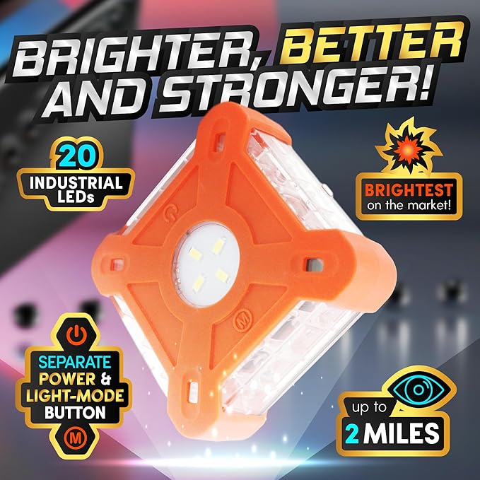Marcala Emergency Lights for Vehicles | 3-Pack LED Road Flares | Flares Emergency Road | LED Emergency Flares Include Batteries, Case, Whistle & more | Stronger, Brighter & Better than round Flares!