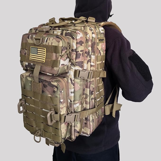 MOLLE Assault Backpack, Tactical Backpack Military Army Camping Rucksack, 3-Day Pack Trip w/USA Flag Patch, D-Rings, Cp