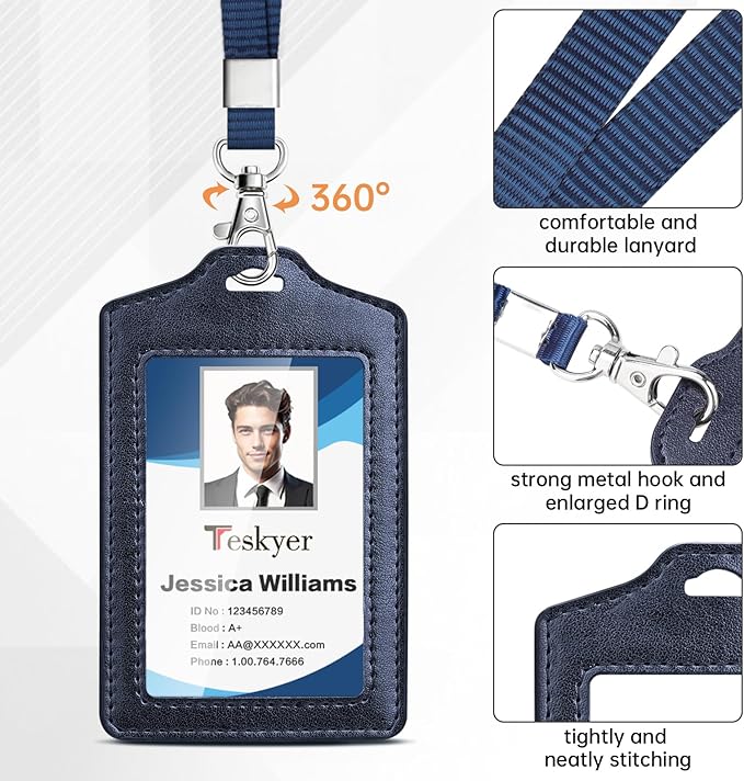Teskyer 2 Pack Double Sided Clear Badge Holder with Lanyard, PU Leather ID Badge Name Card Holder with Stainless Steel J-Hook Nylon Lanyard for Work, School, Metro, Access, Blue